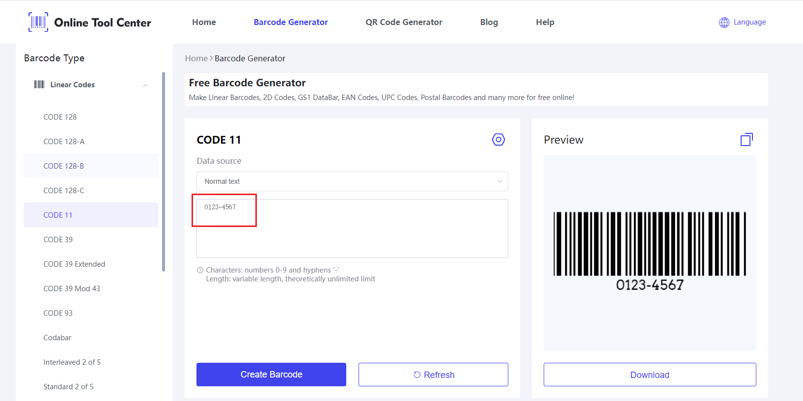 Kod 11 Barcode Generator.png üzerinde giriş verileri