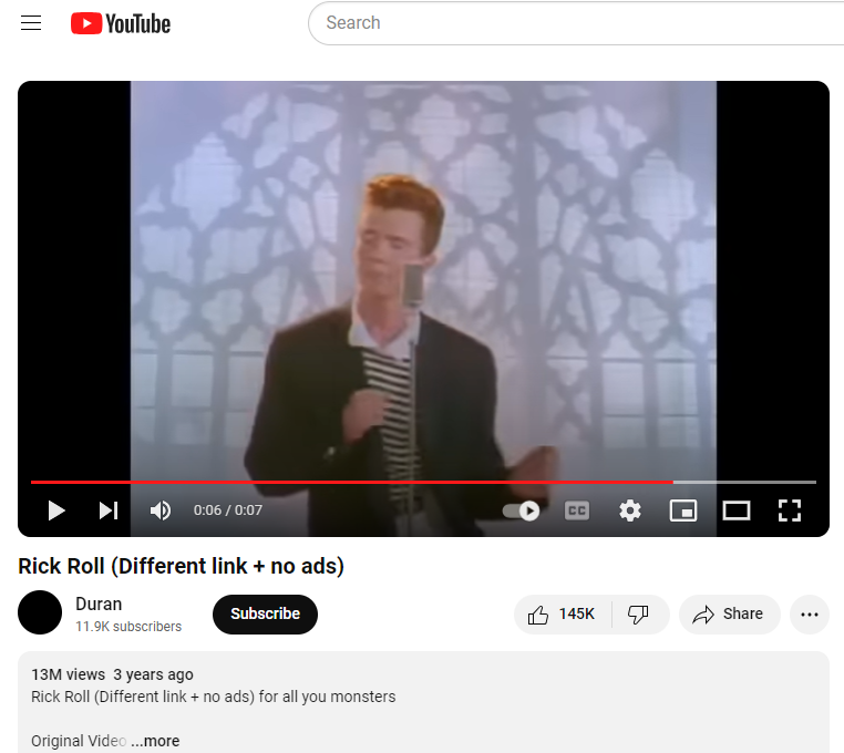 YouTube.png'den rick roll video