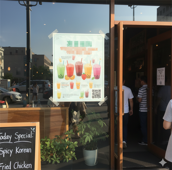 Mağazanın girişinde bir promosyon posterinde qr kodu