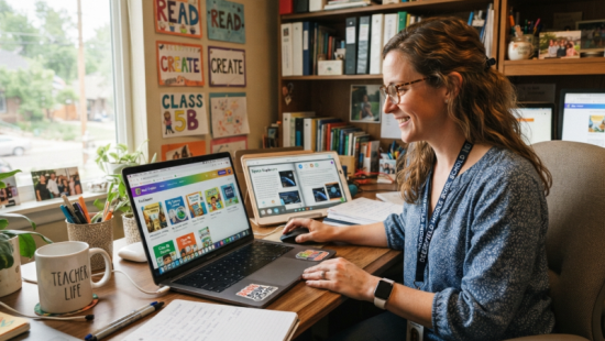 teacher using book creator tool kitap yaratıcı aracı kullanan öğretmen